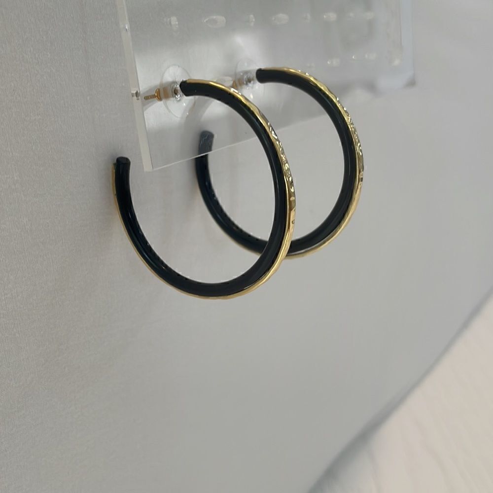 2 inch diameter Black resin yellow gold hoop earrings